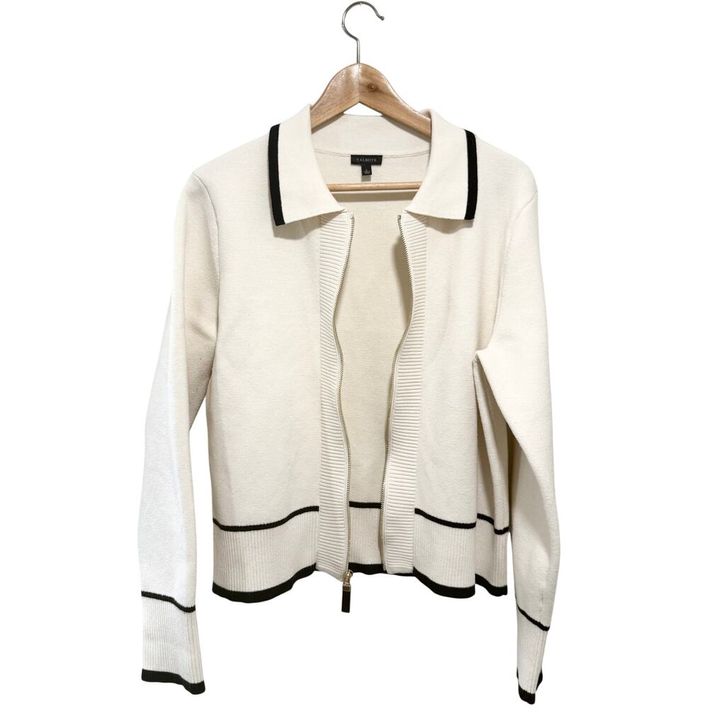 Talbots Ivory Zip Front Sweater Jacket Women L Gold Zipper‎ Collared Heavy Knit